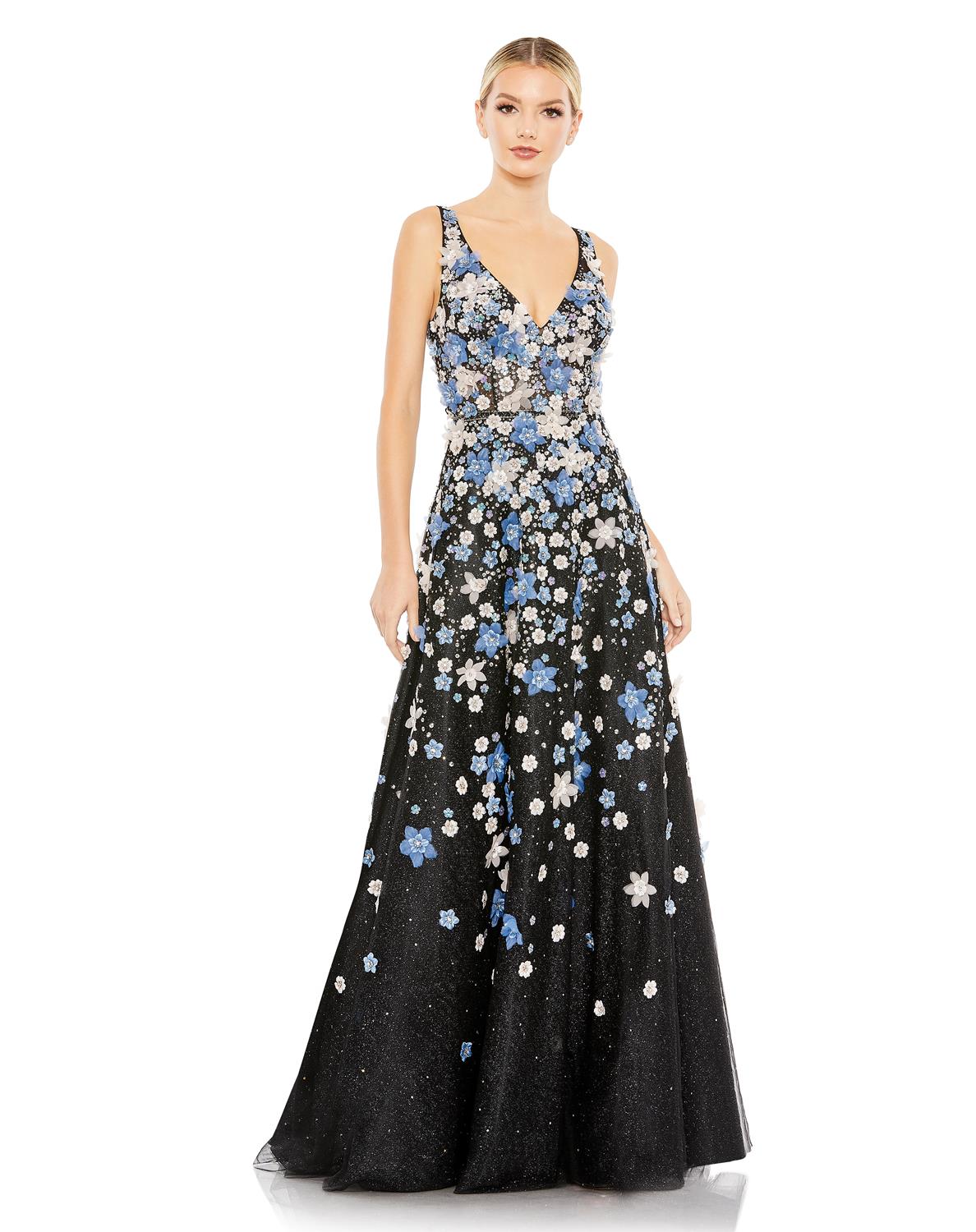 Mac Duggal Floral Applique Sleeveless A-line Evening Gown In Black