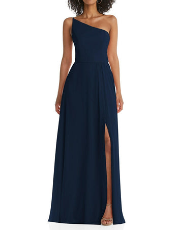 Stardust Pleated Draped One Shoulder Gown In Navy Night