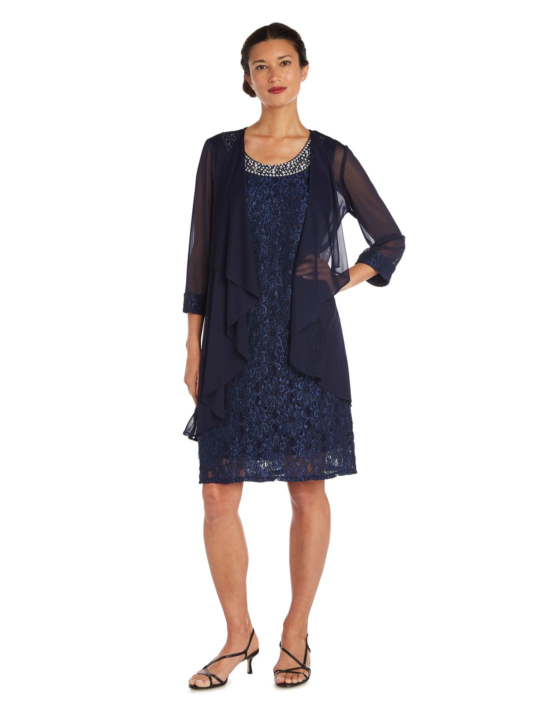 R & M Richards Petite Lace Shift Dress Sheer Jacket Set In Navy