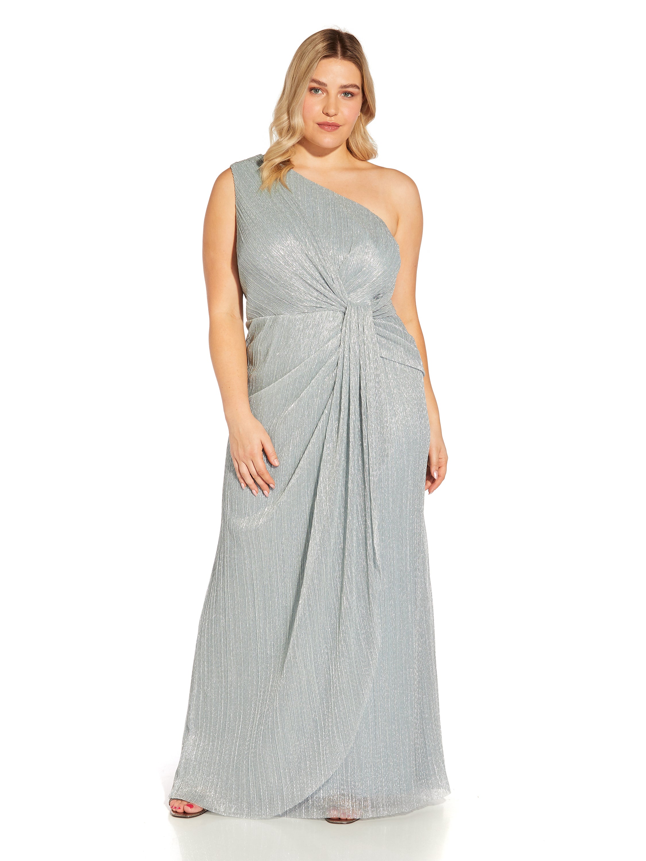 Stardust Pleated Draped One Shoulder Gown In Navy Night