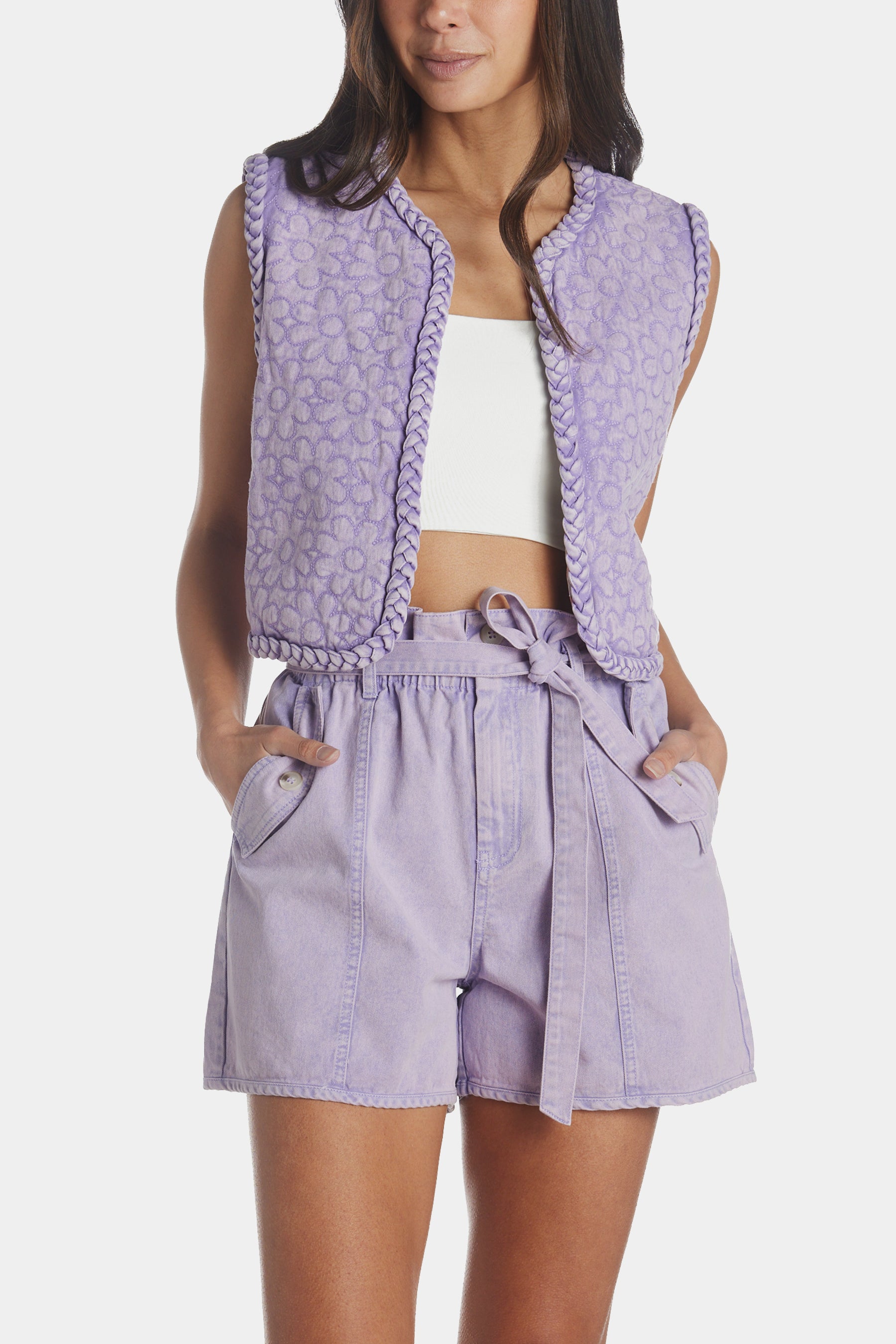 Current Air Vintage Wash Floral Stitch Vest In Lilac | ModeSens