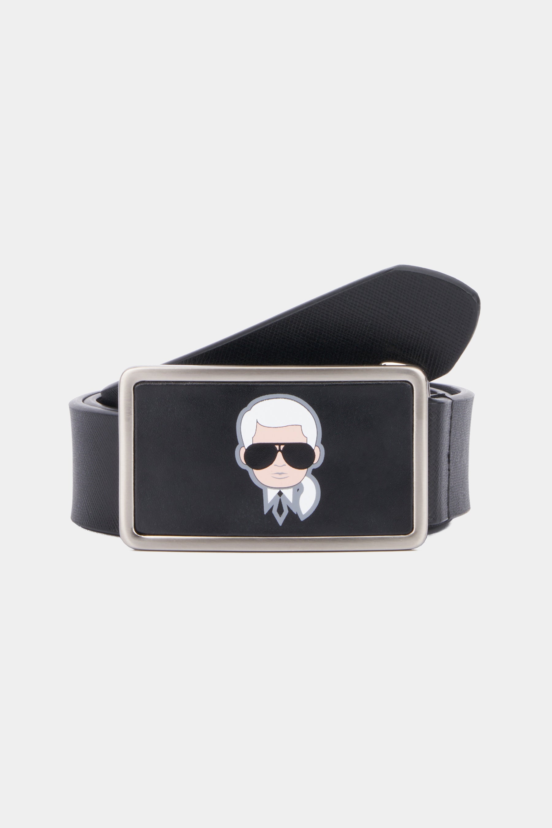 Karl Lagerfeld Karl Head Plaque Buckle Saffiano Leather Belt in White