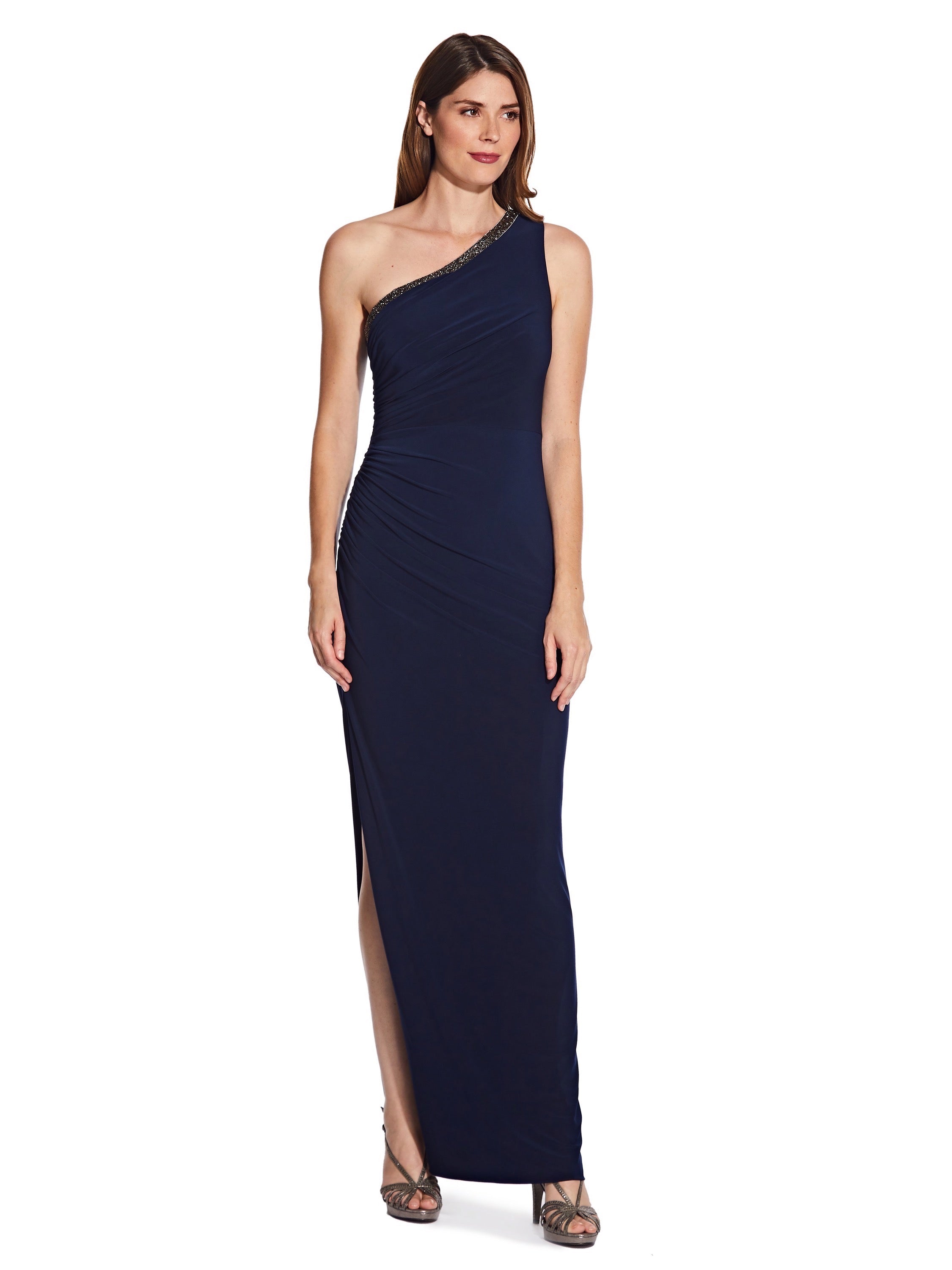 Adrianna Papell Women s One Shoulder Jersey Gown in Midnight