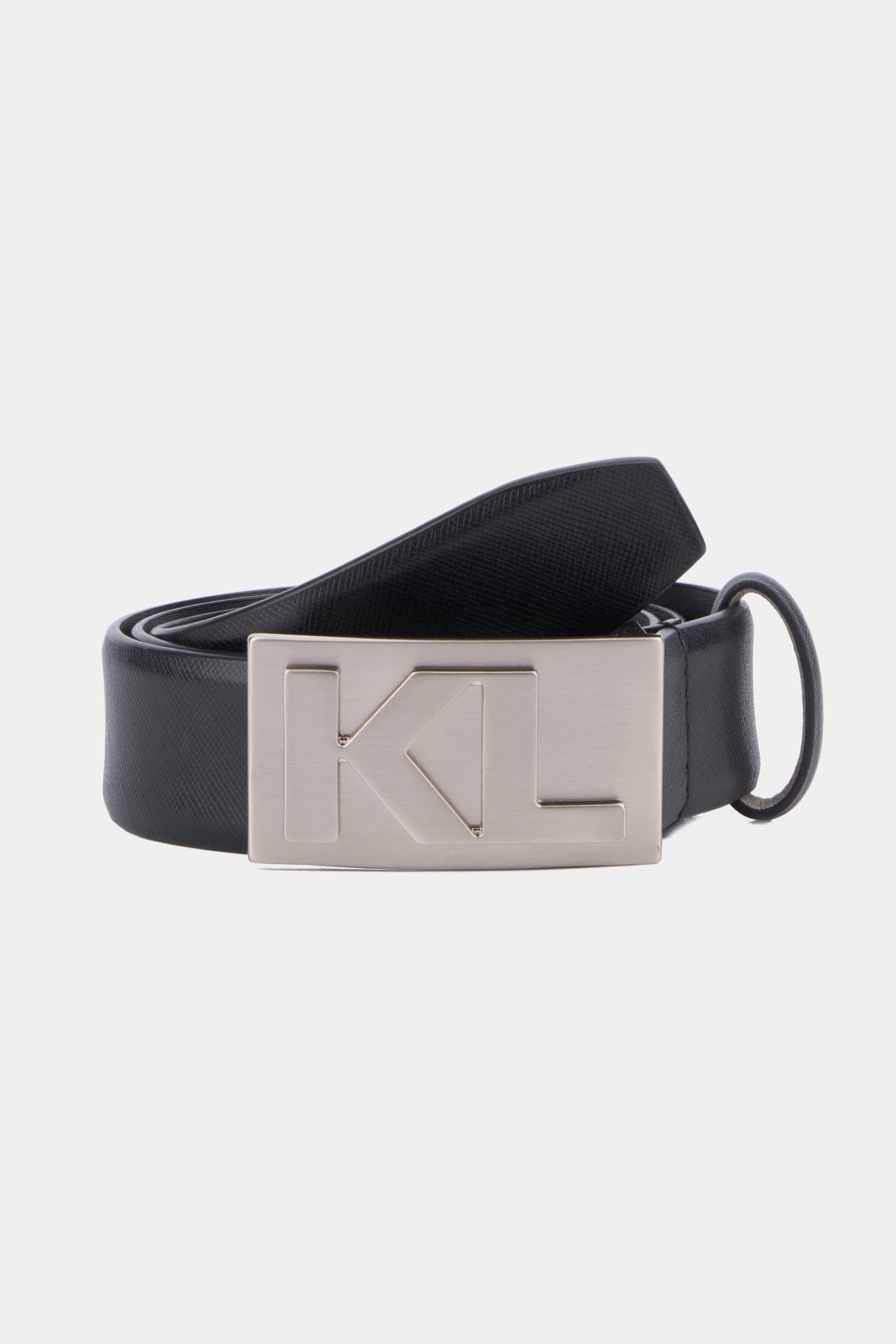 Karl Lagerfeld KL Plaque Buckle Saffiano Leather Belt in Black