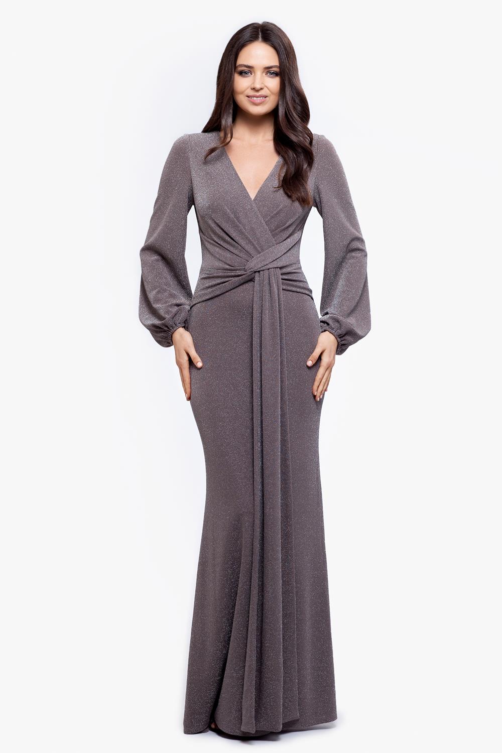 Betsy & Adam Joyce Metallic Knit Gown In Taup/silver