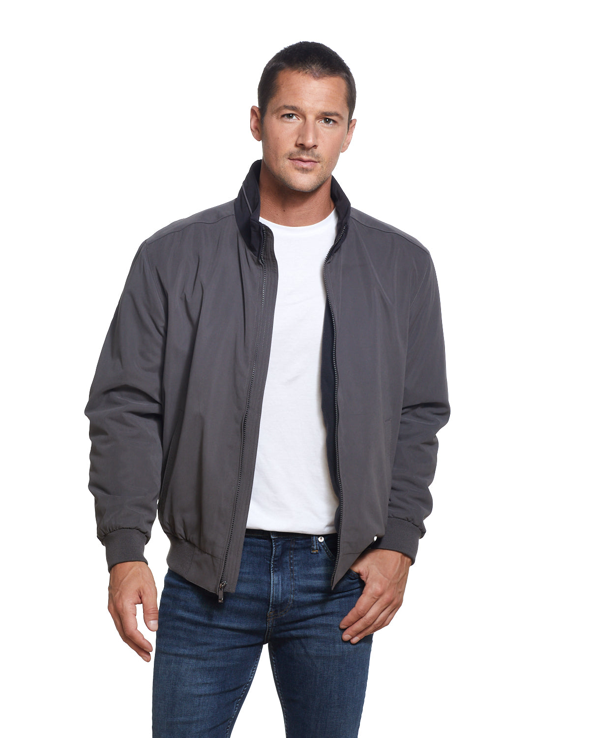 Weatherproof Microfiber Fleece-lined Bomber Jacket In Zinc