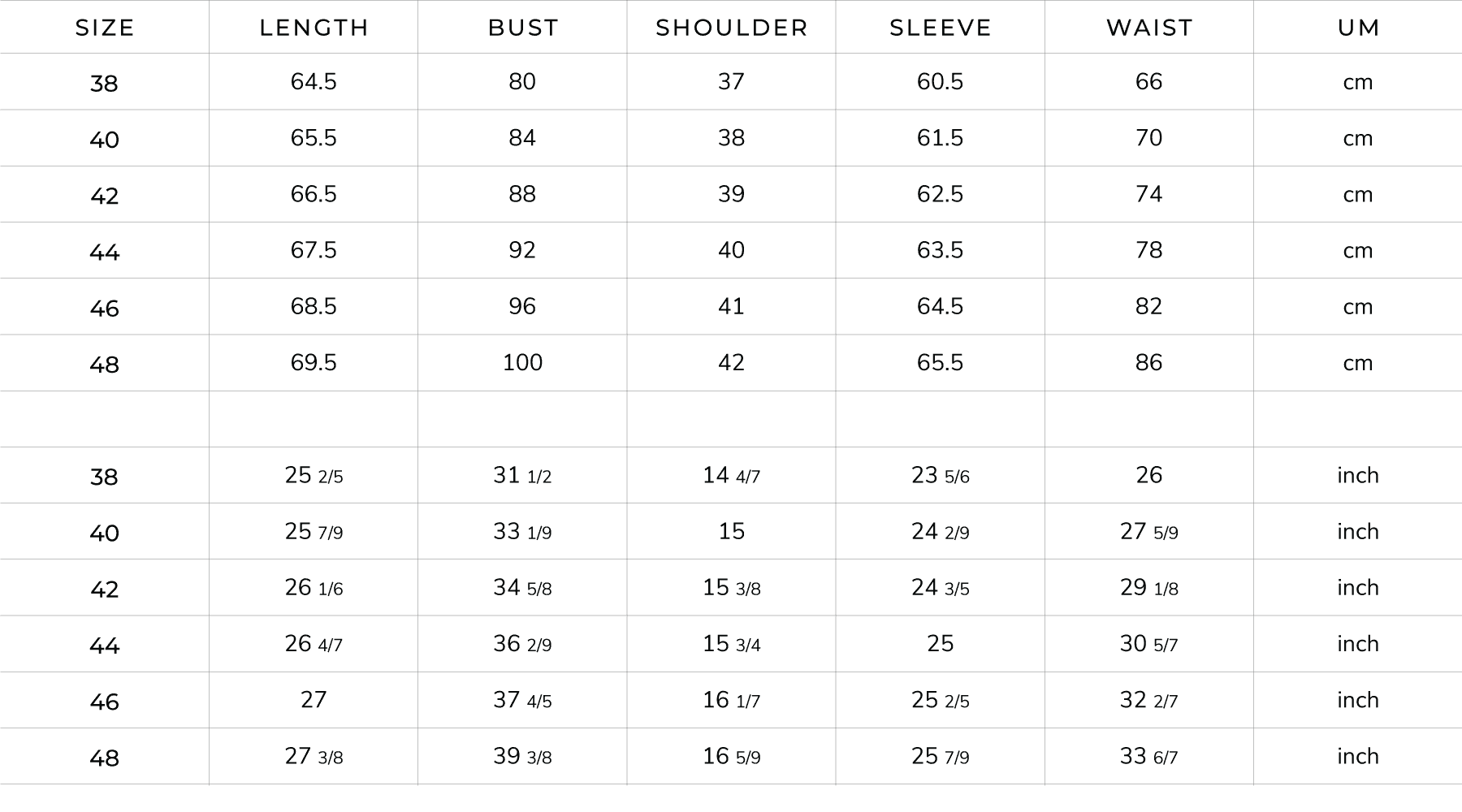 MIASUKI Size Guide