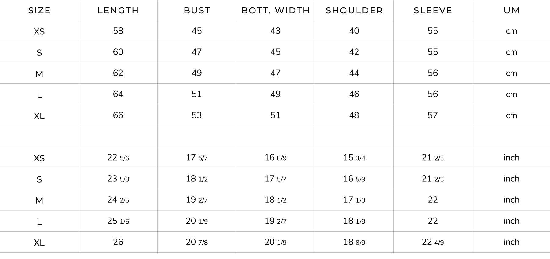 MIASUKI Size Guide Nahar