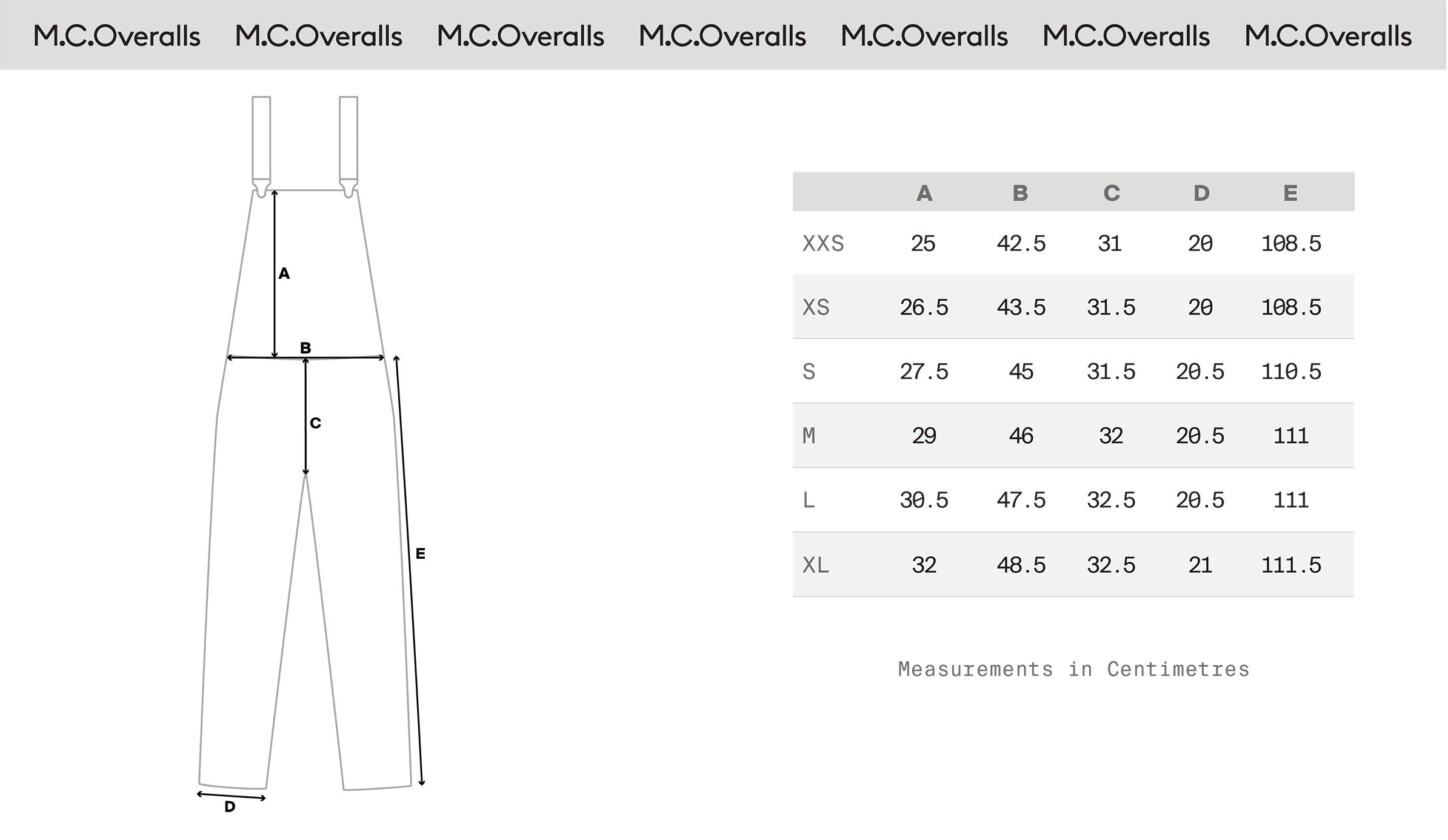 Dungaree 1 Size Chart – M.C.Overalls