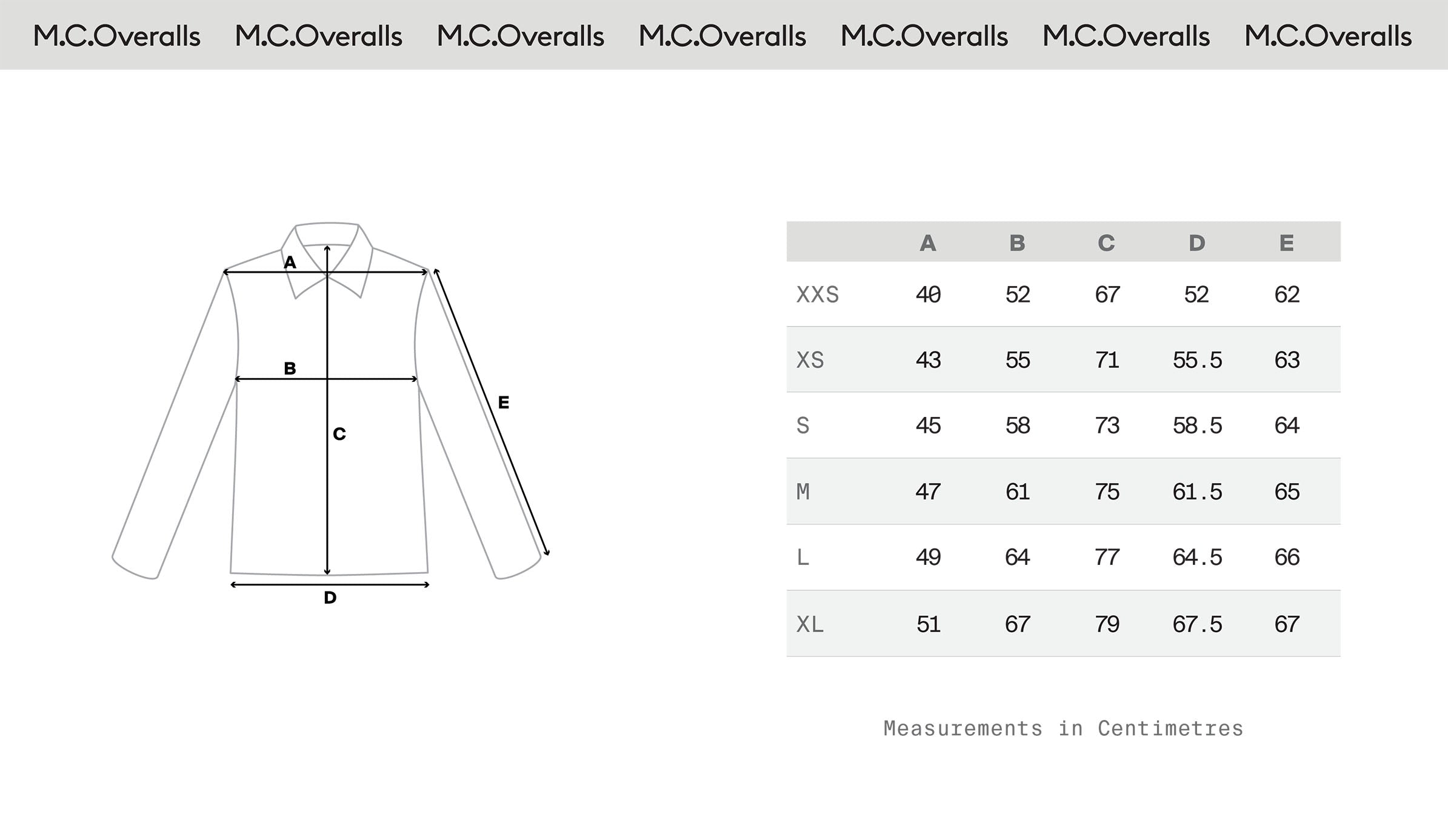 Work Jacket Size Chart – M.C.Overalls