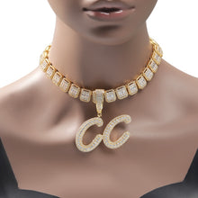 Load image into Gallery viewer, Custom Two Tone Pendant Name Necklace Cursive Letters Iced Out Cubic Zirconia Baguette Chain Necklaces
