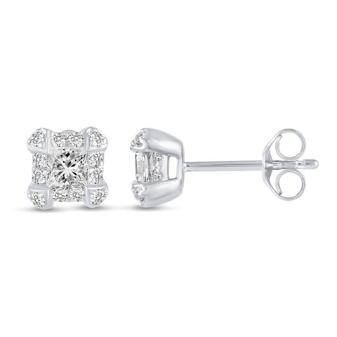 Princess Cut Halo Studs Earrings in 925 Sterling Silver (Select Design)