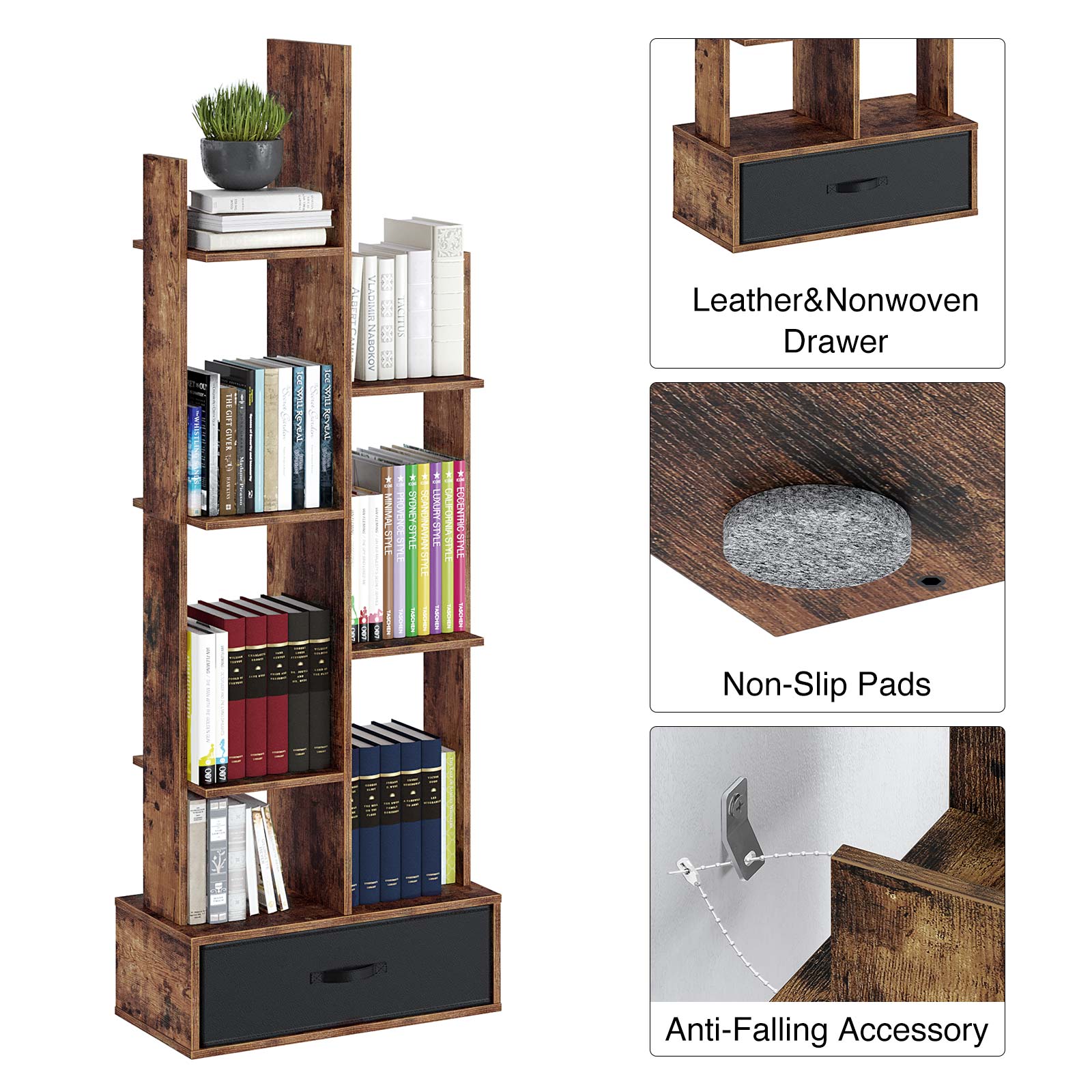 Rolanstar Bookshelf With Drawer Free Standing Tree Bookcase