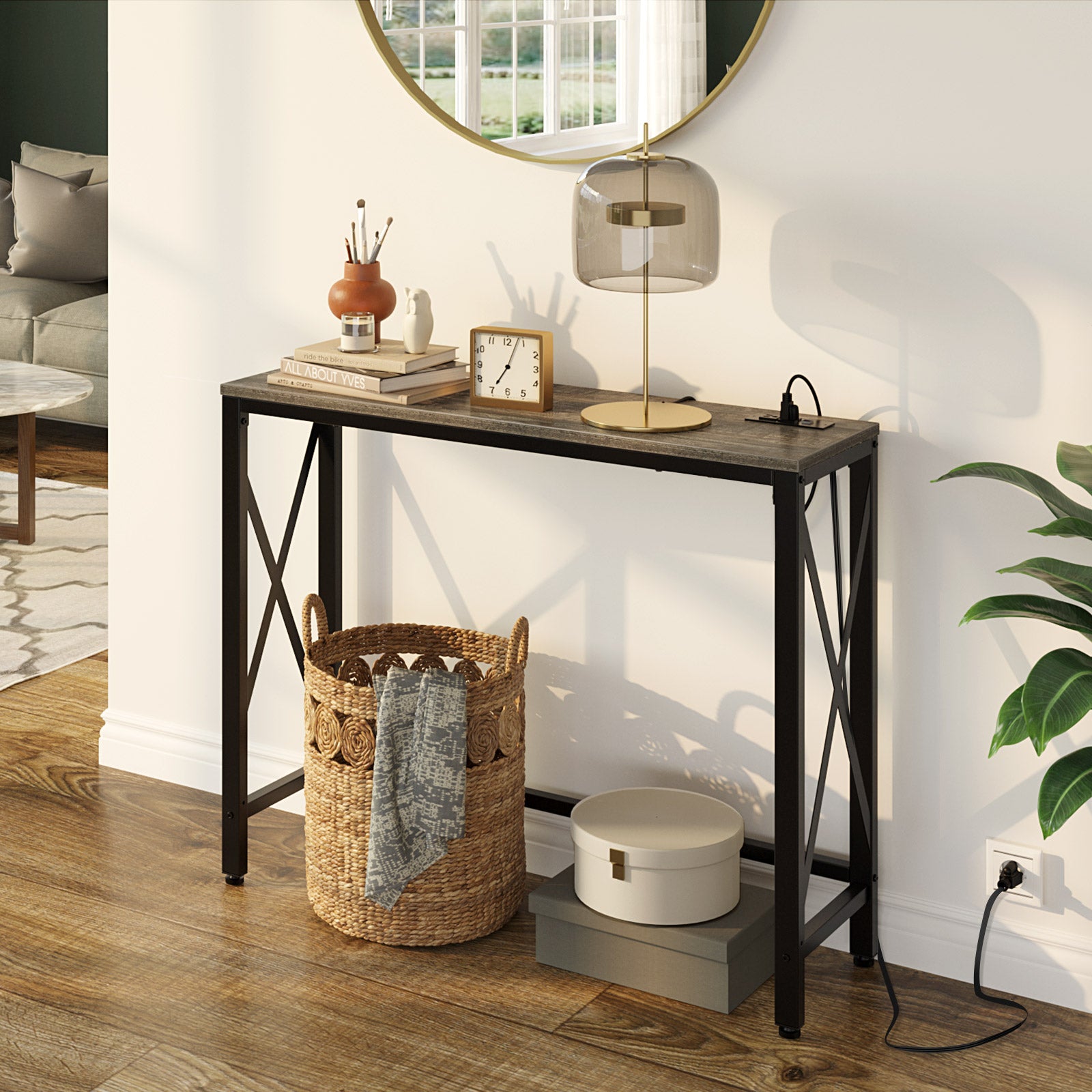 Rolanstar Console Table With Power Outlet Narrow Sofa Table 55” Farm