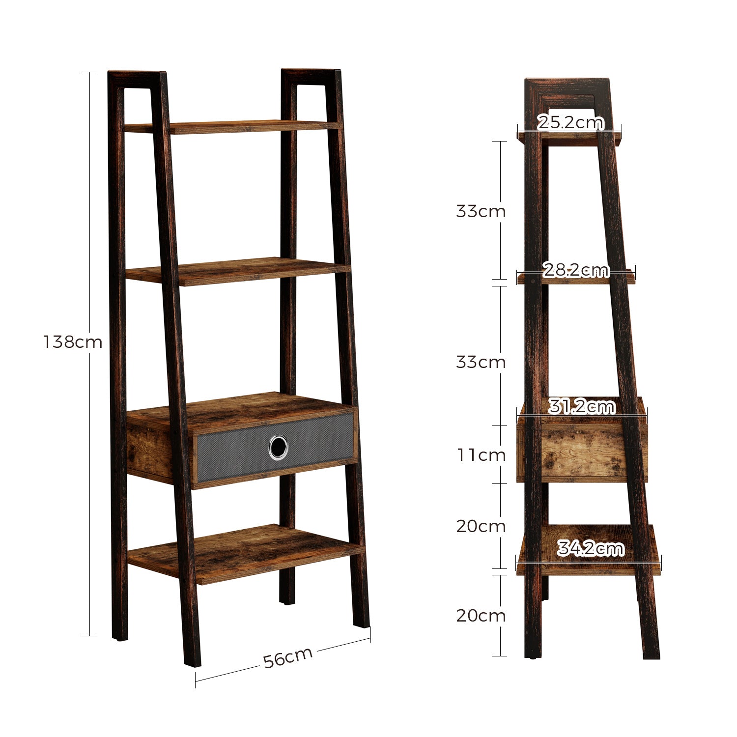 Rolanstar Ladder Shelf with Drawer, 4Tier Metal Frame Rustic Ladder B