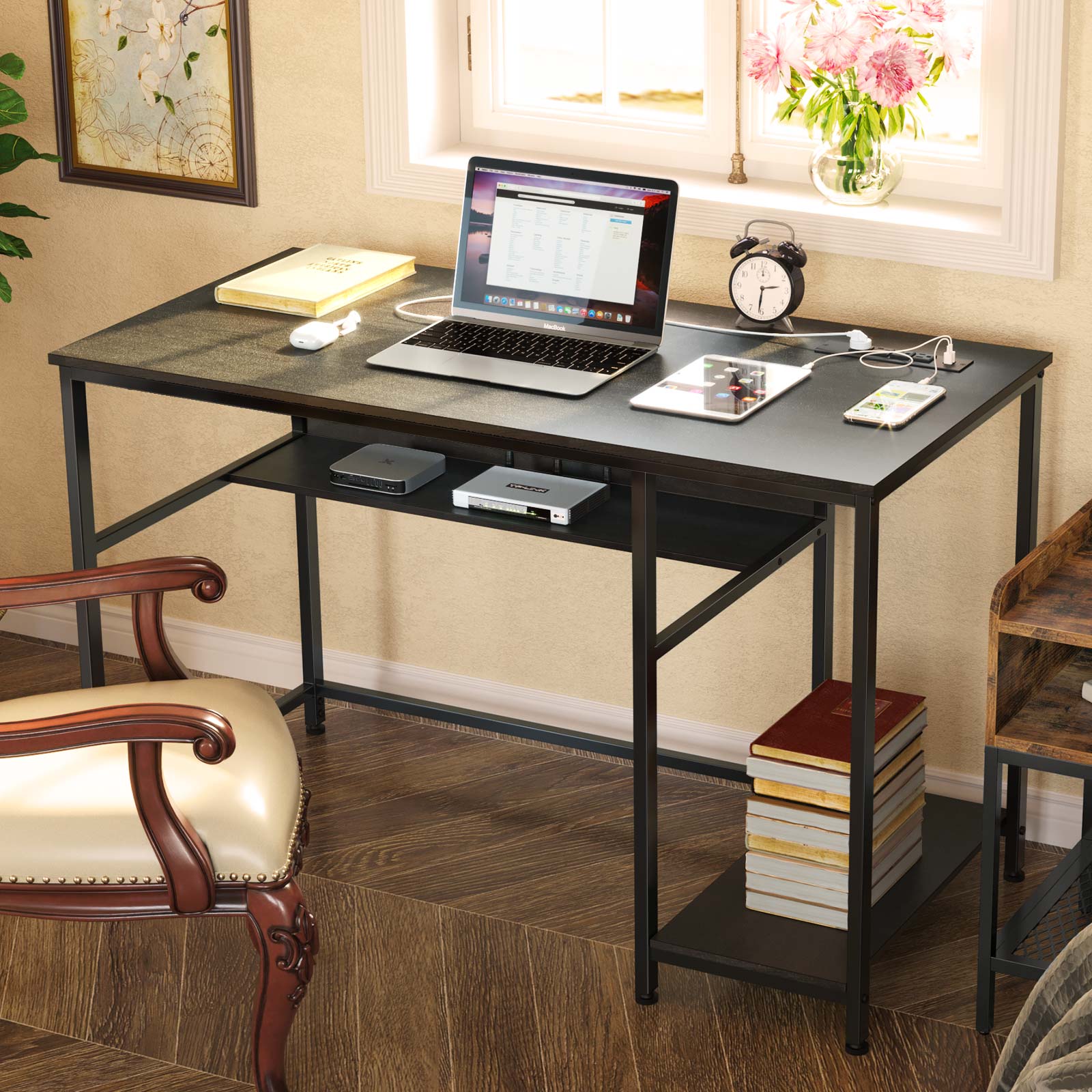 Rolanstar Metal Frame Computer Desk with Power Outlets and Storage She