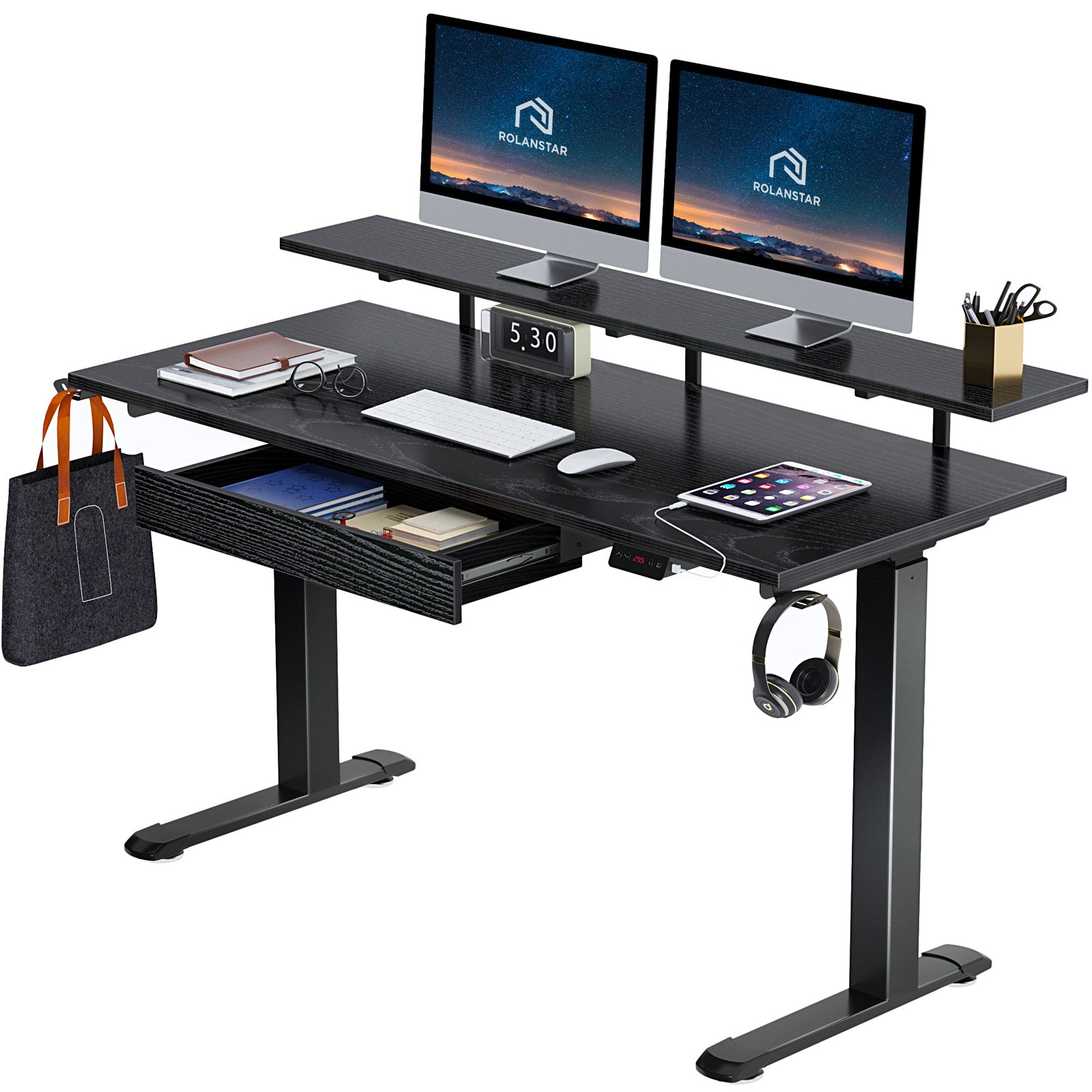 Rolanstar Height Adjustable Dual Motor Standing Desk with Drawer, USB