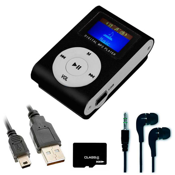 Mini Reproductor MP3 Lector de Música Pantalla LCD con Clip Metálico Negro+Cable+Auriculares+Tarjeta Micro SD 8 GB