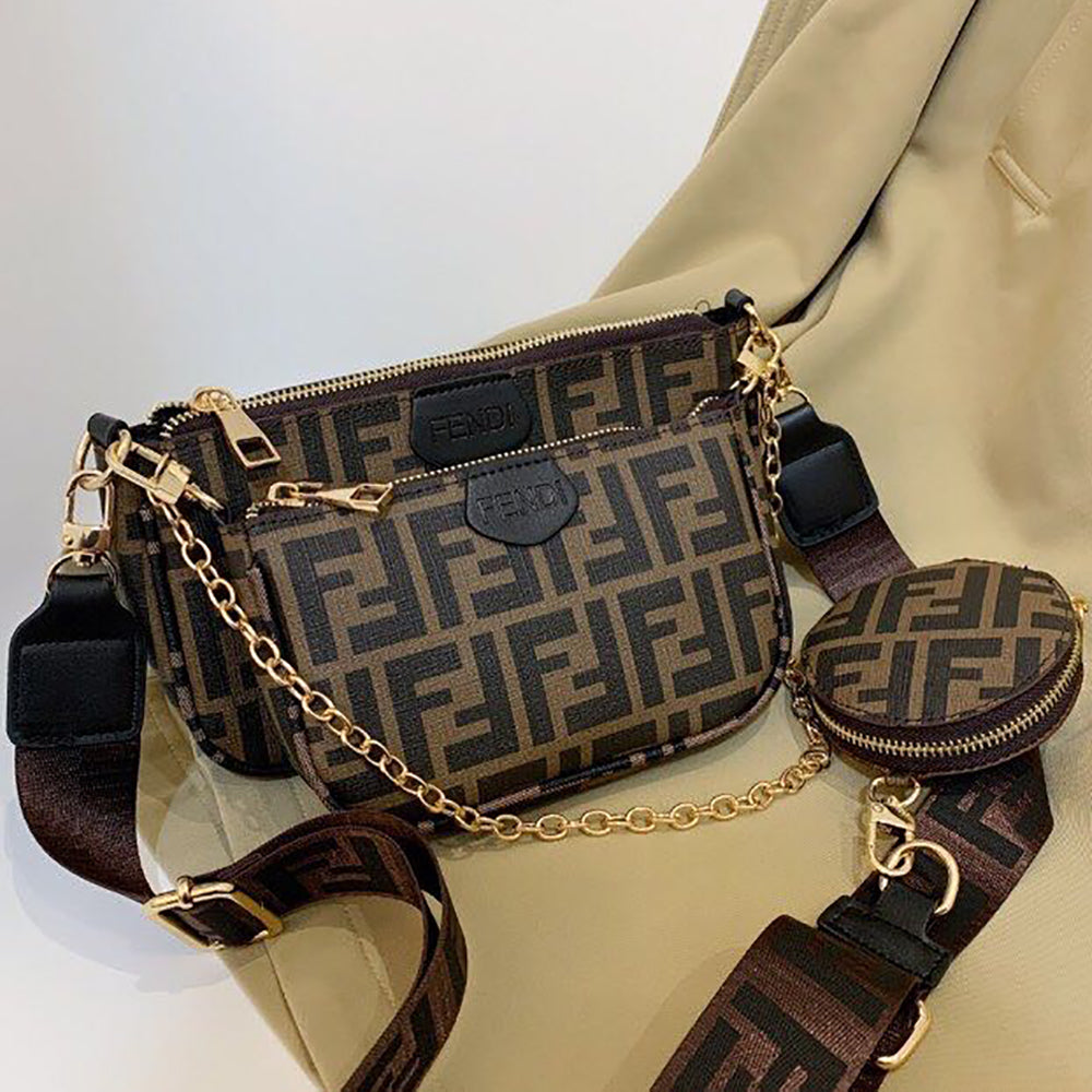 FENDI FF coffee letter print three-piece shoulder bag crossbody bag