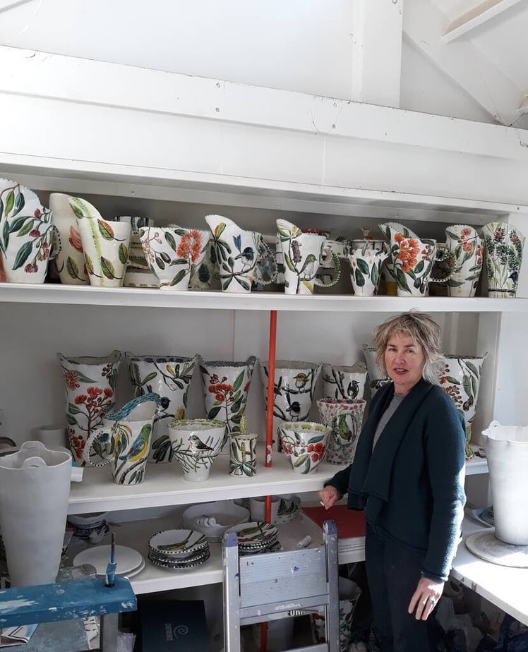 Fiona with her works fresh from the kiln, 2020