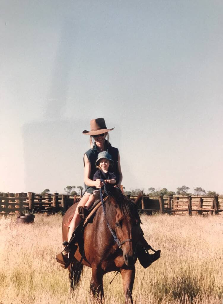 Lori and her daughter Rainey on a brumby called Trumby at Wyloo