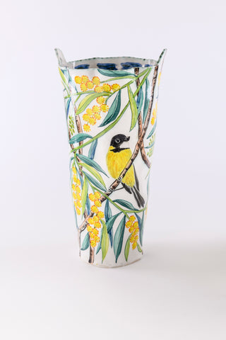 Fiona Hiscock, SC Acacia vessel with yellowrobin, 2021, 45x20x20cm, view 1