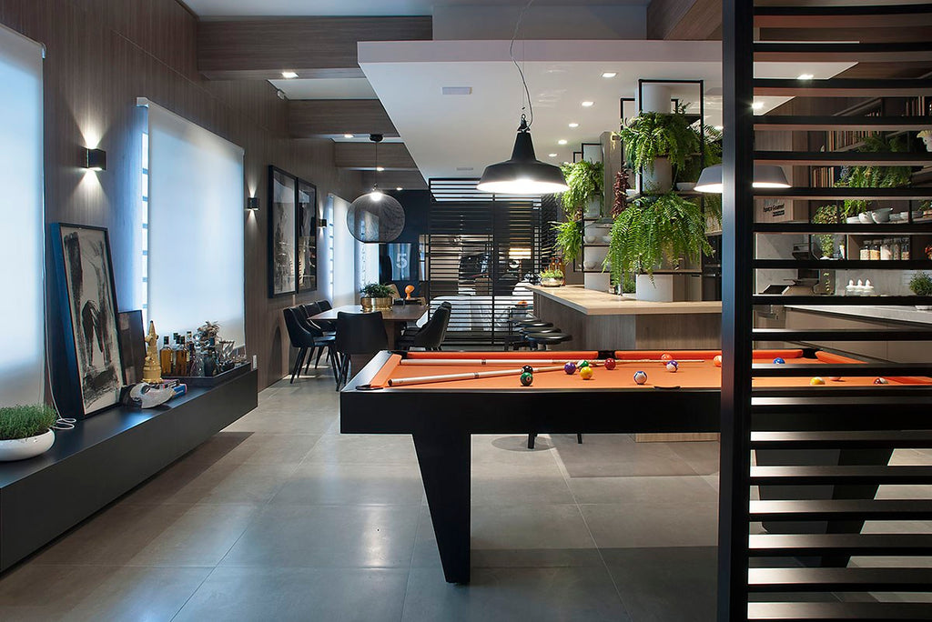 A pool table in a modern room