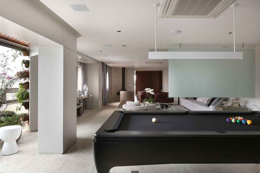 matte black pool table in a contemporary living room design