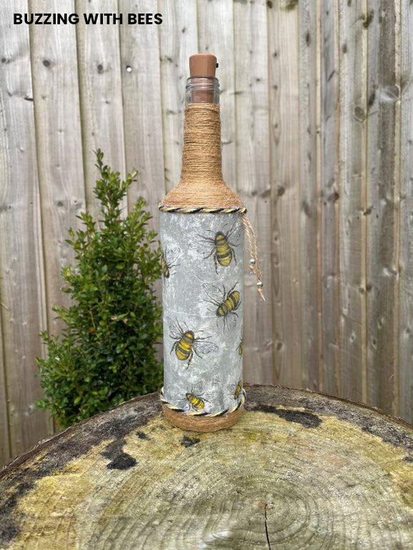 An image of Decoupage Bee Bottle with Lights, Buzzing with Bees