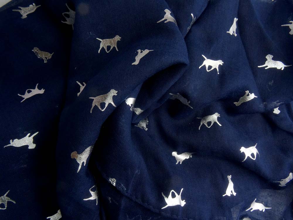 An image of Patterned Scarves, Silver Dog Scarf - Dark Blue