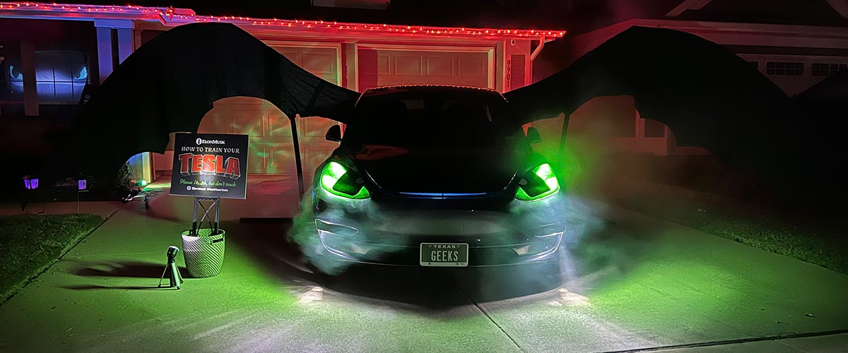 Toothless the Tesla on Halloween night.
