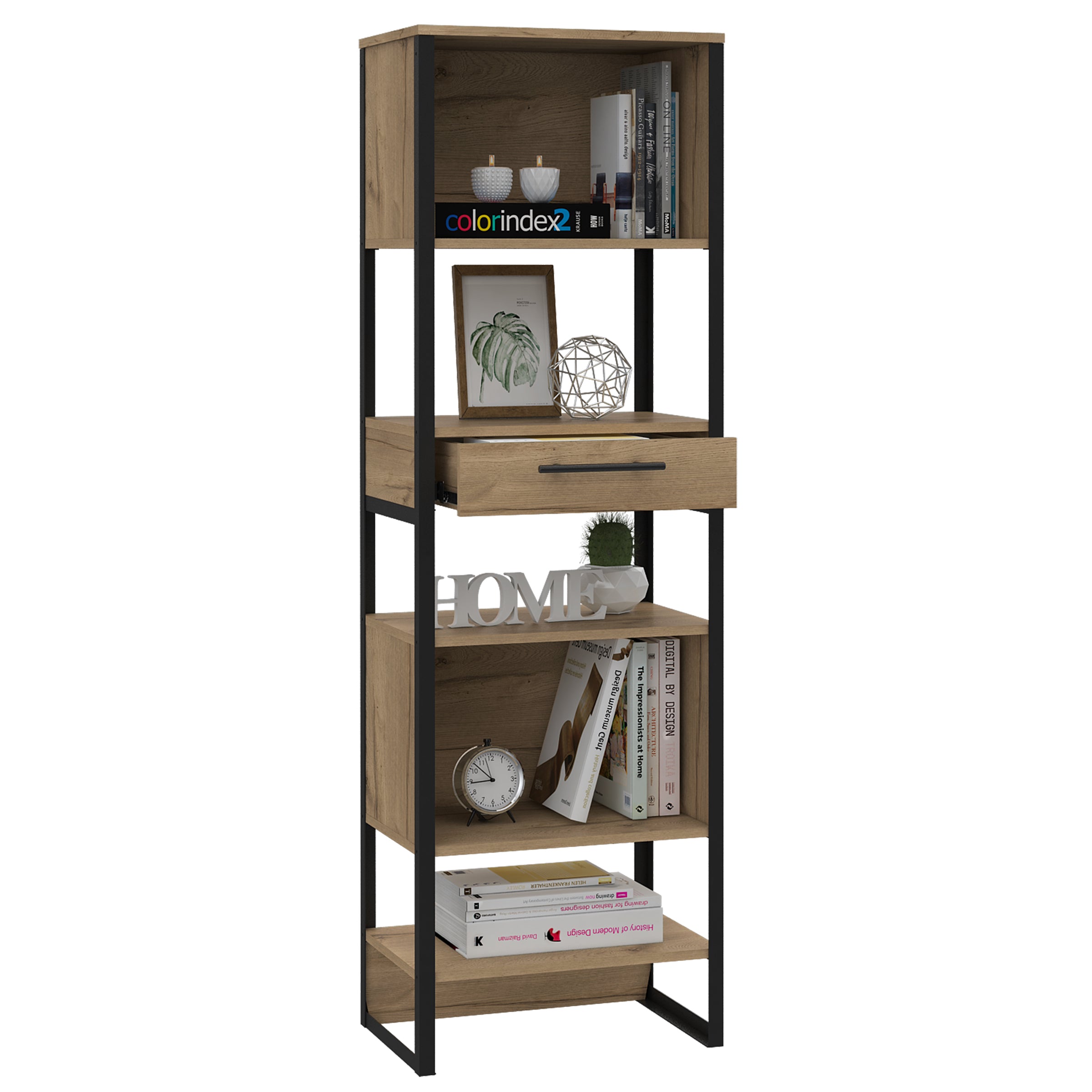 Image of Modern Living tall narrow bookcase with 1 drawer