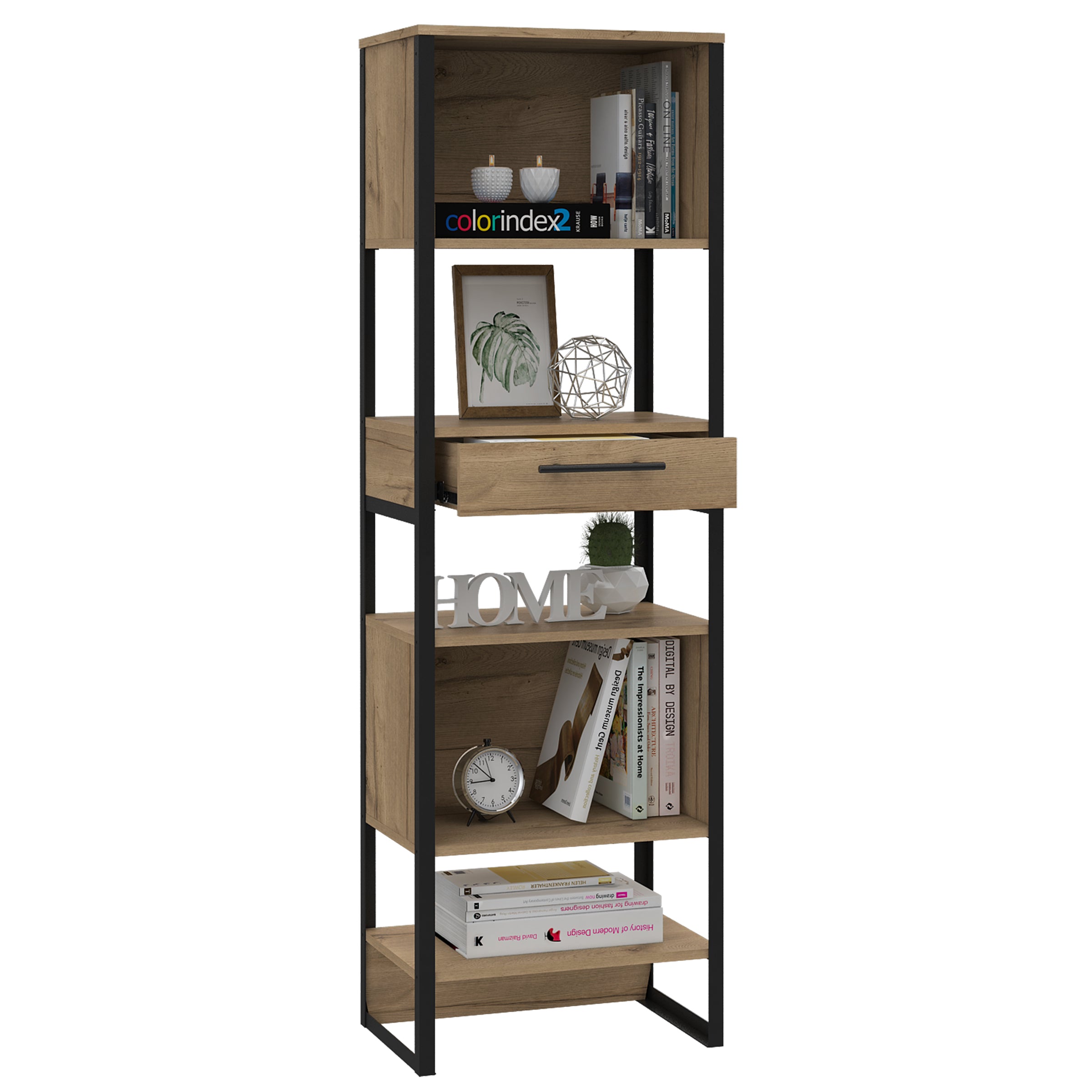 Modern Living tall narrow bookcase with 1 drawer