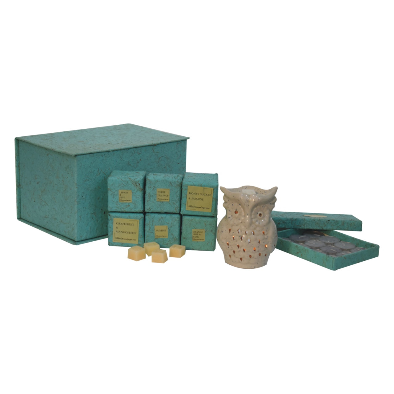 Image of Owl Wax Melter Set (Lemon & Pine, Jasmine & Lime, Orange, Lime and Basil White Tea Sage Honeysuckle & Jasmine Grapefruit & Mangosteen)