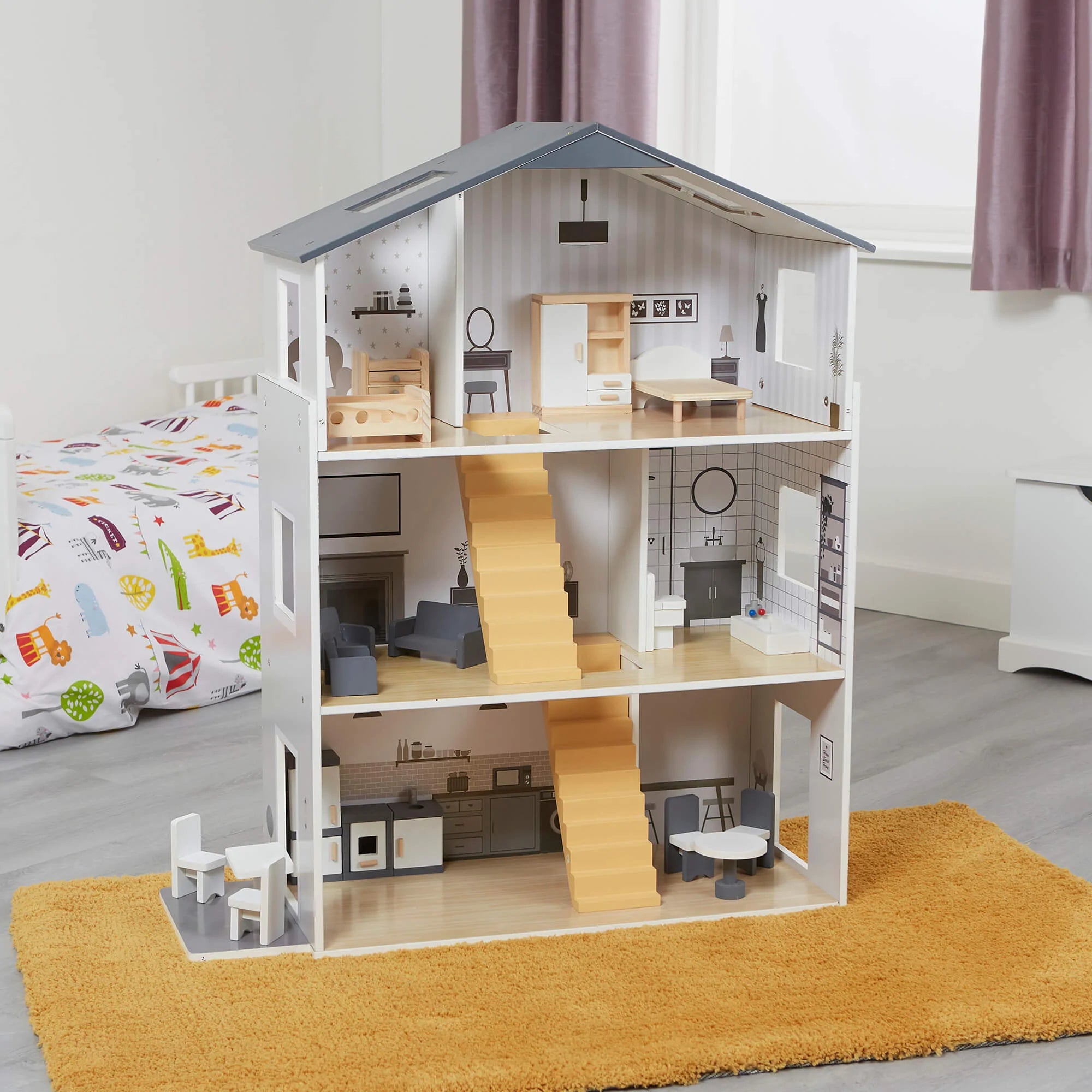 Image of Contemporary Dolls House with 18 Handcrafted Wood Furniture Accessories