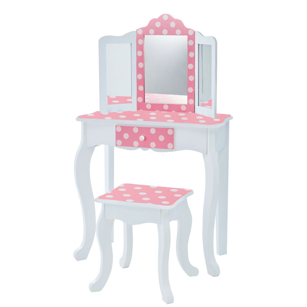 Image of Fantasy Fields Kids Dressing Table & Stool, Vanity Set & Mirror, Polka Dots Pink