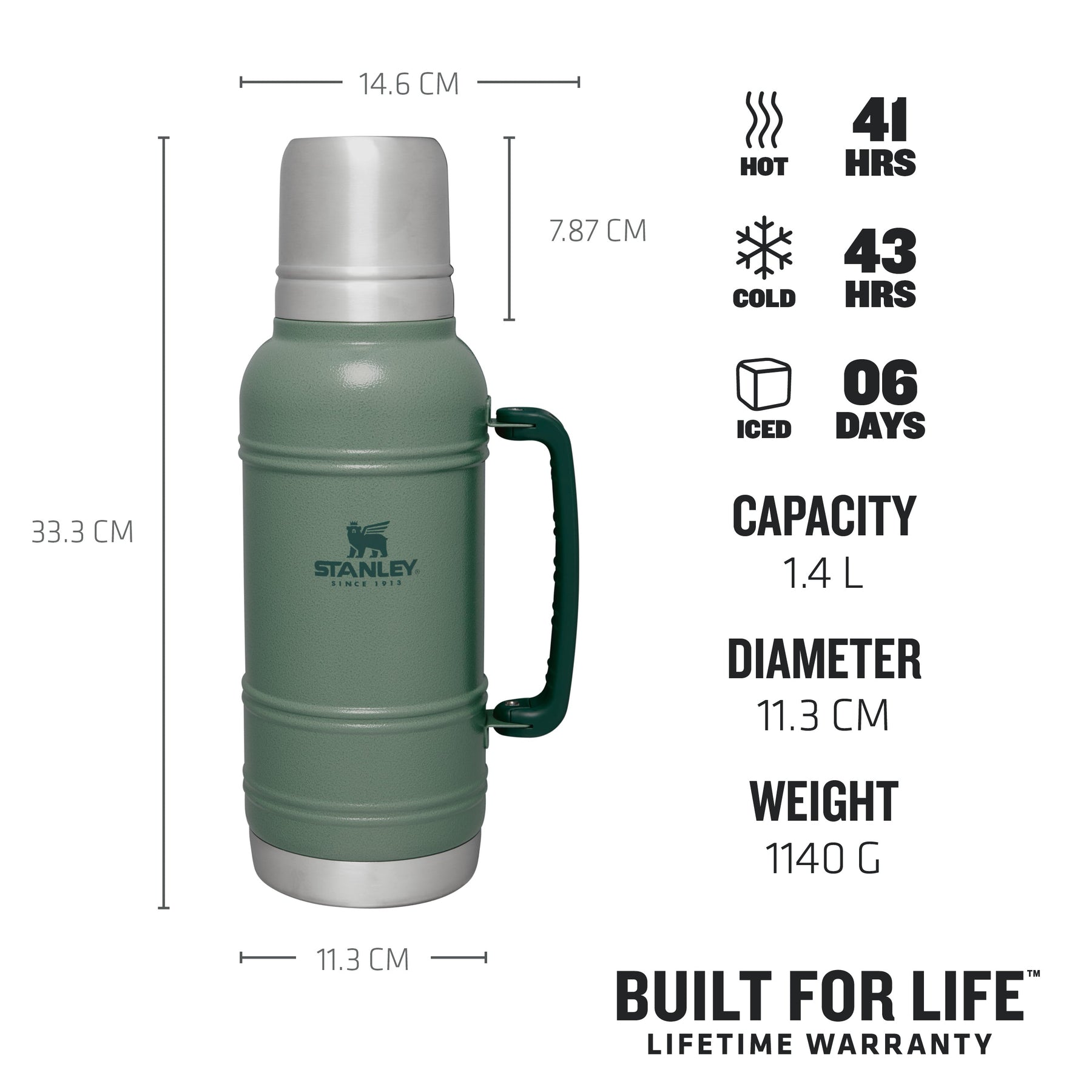 Stanley Classic Vacuum Bottle, Hammertone Green, 1.1 qt