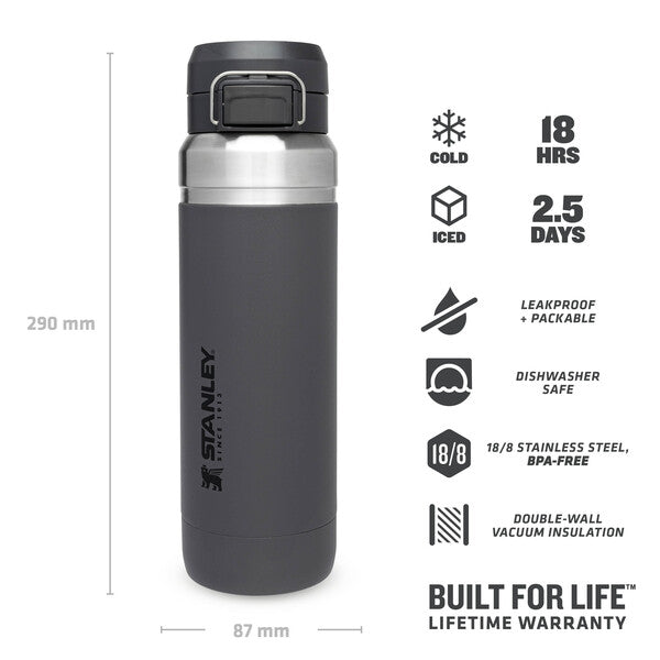  STANLEY Quick Flip Stainless Steel Water Bottle .47L / 16OZ  Charcoal – Leakproof Metal Water Bottle Kids - Push Button Locking Lid -  BPA-Free Kids Thermos Water Bottle - Dishwasher Safe