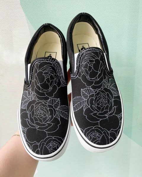 Custom Printed Black Slip Ons with white floral line art