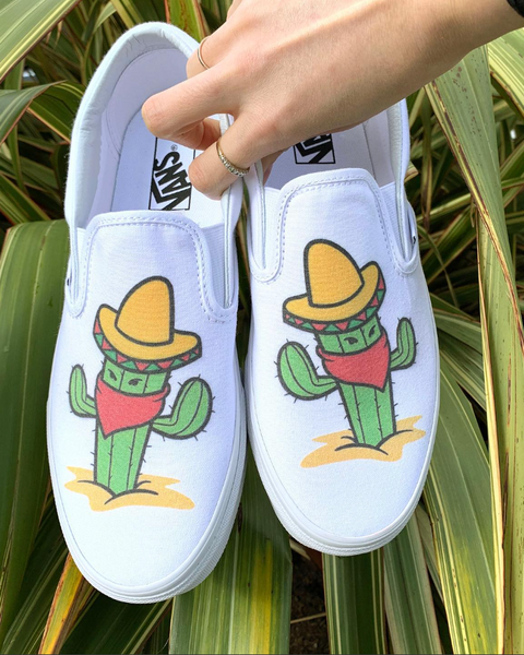 Custom Printed White Slip Ons with Cactus
