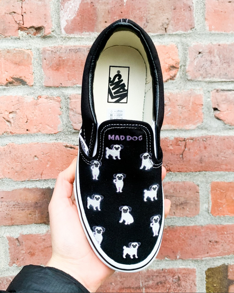 Custom Printed Black Slip Ons with Dog Pattern