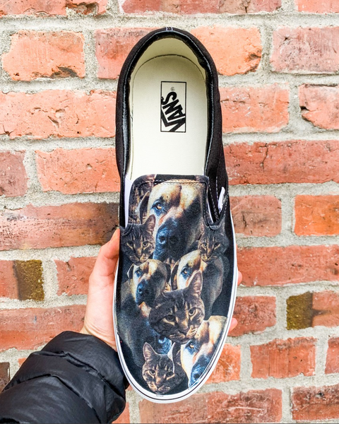 Custom Printed Black Slip Ons with Pets Cat and Dog Pattern