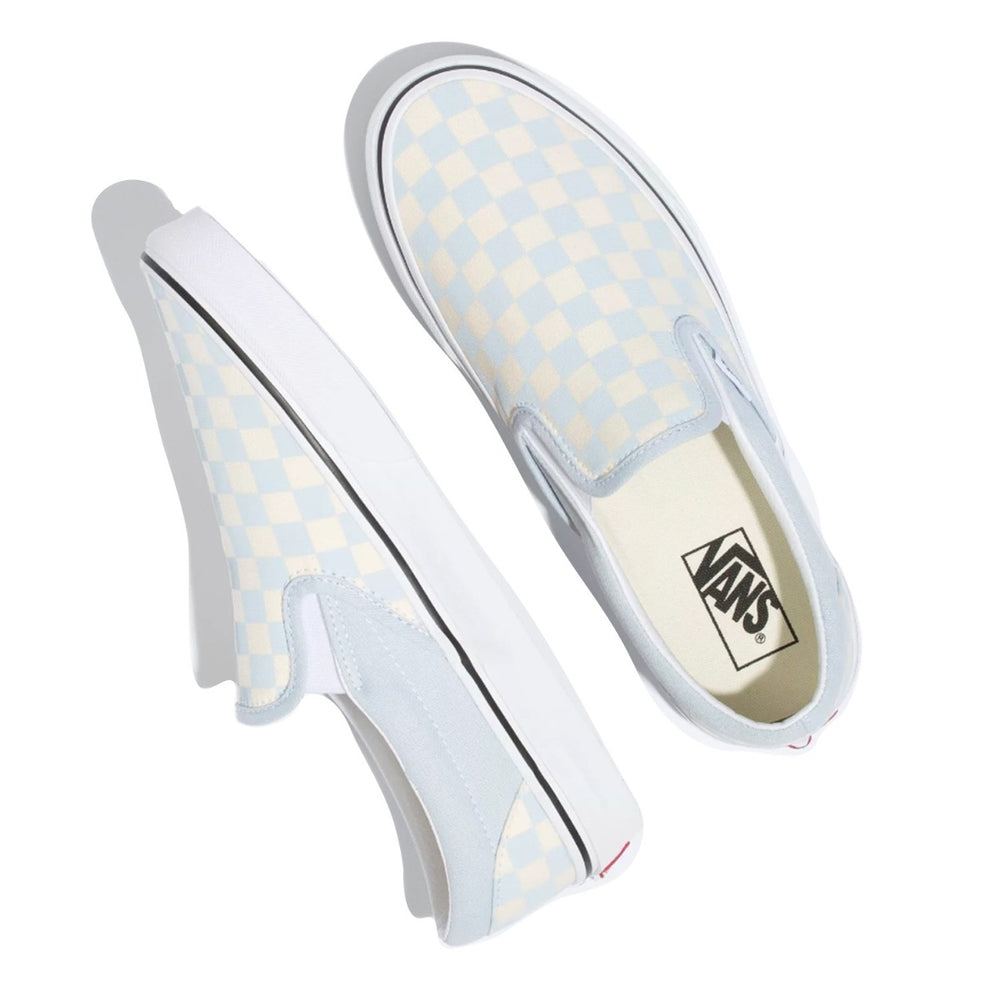 slip on checkered vans blue