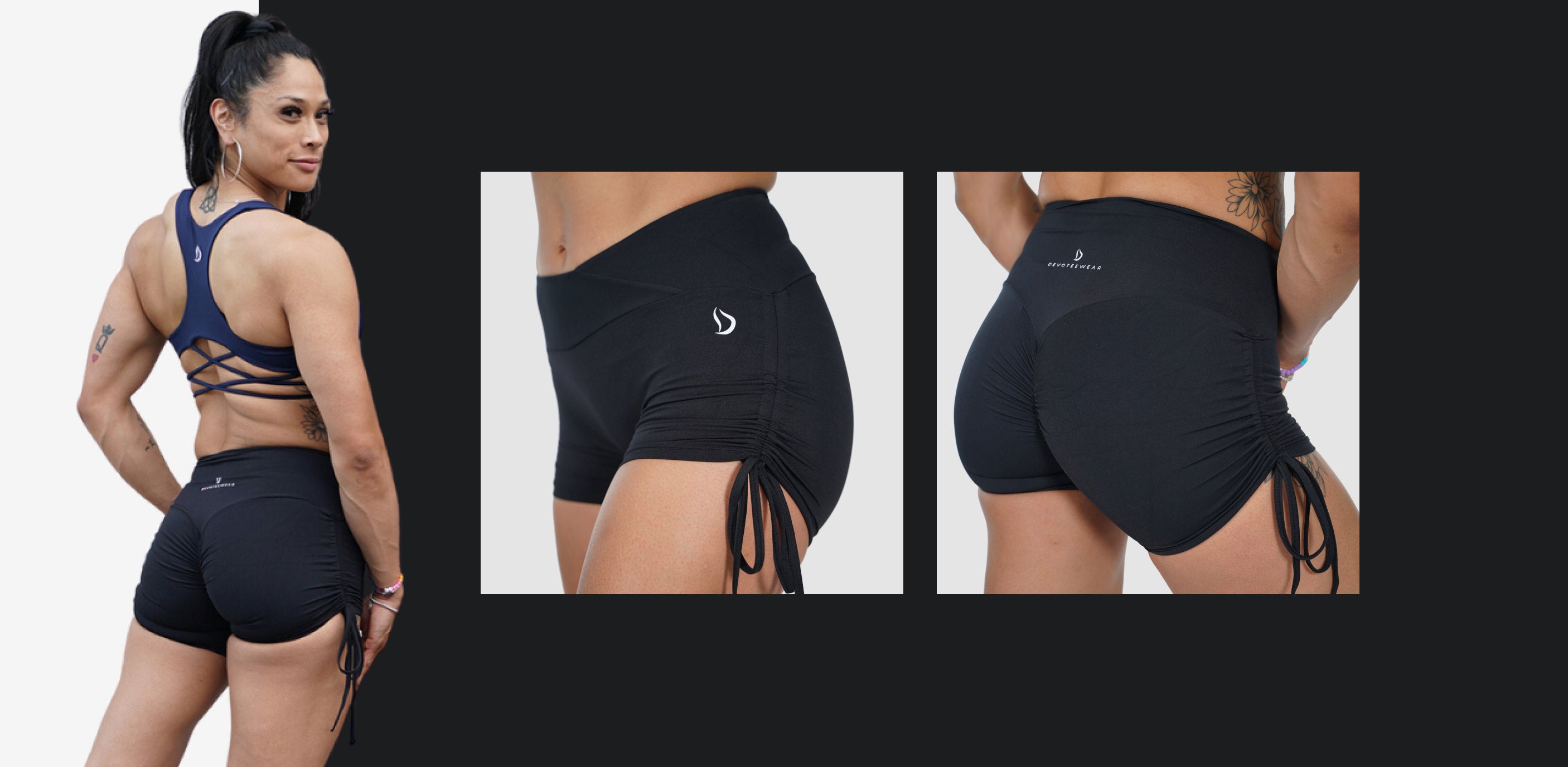 pair of sleek tie-up scrunch bum shorts, featuring adjustable side ties and a ruched back seam. The design offers both style and functionality, perfect for enhancing curves while providing comfort and flexibility during intense gym workouts.  Feel free to use or modify this description as you see fit!