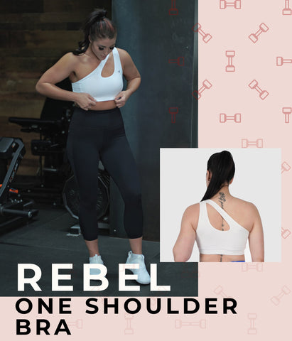 Women's cute one shoulder sports bra with hollow out front for yoga, running bra. Low and medium impact activities. Removable Cups. Premium quality activewear in Canada. Womens workout pants, cute sports bras, strappy sports bra, crop tops, scrunch bum leggings, bum scrunch, scrunch butt, butt scrunch. Men's tank for gym.