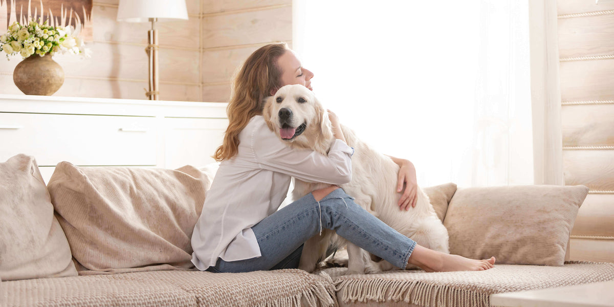 Frauchen kuschelt mit Ihrem Hund 