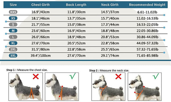 dog winter coat size chart