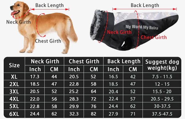 waterproof dog jacket vest size chart