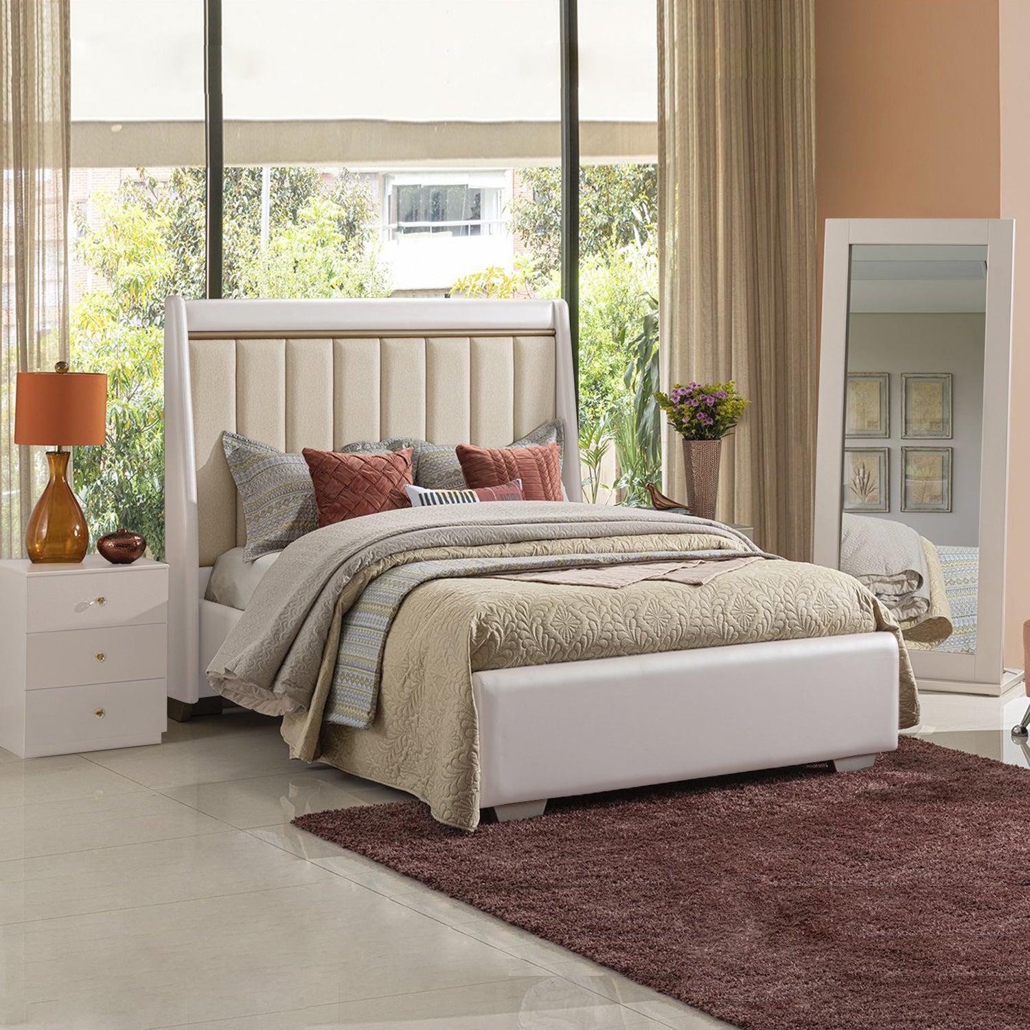 Cama Doble Munich Champaña, Blanco Perla