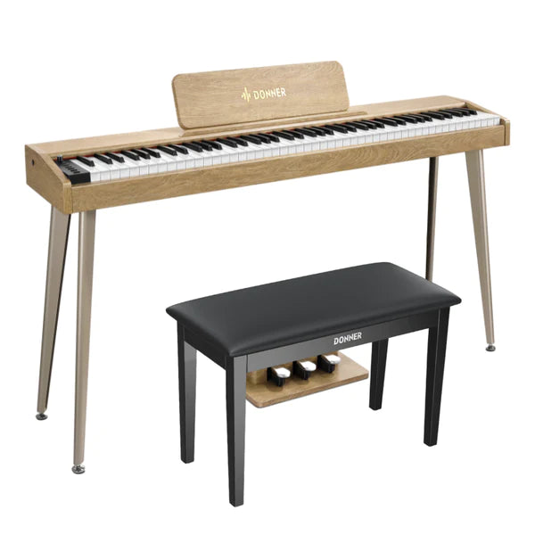 Donner DDP-60 88-Key Semi-Weighted Upright Keyboard Piano, Natural / Piano+Two-Seater Piano Bench at Donner